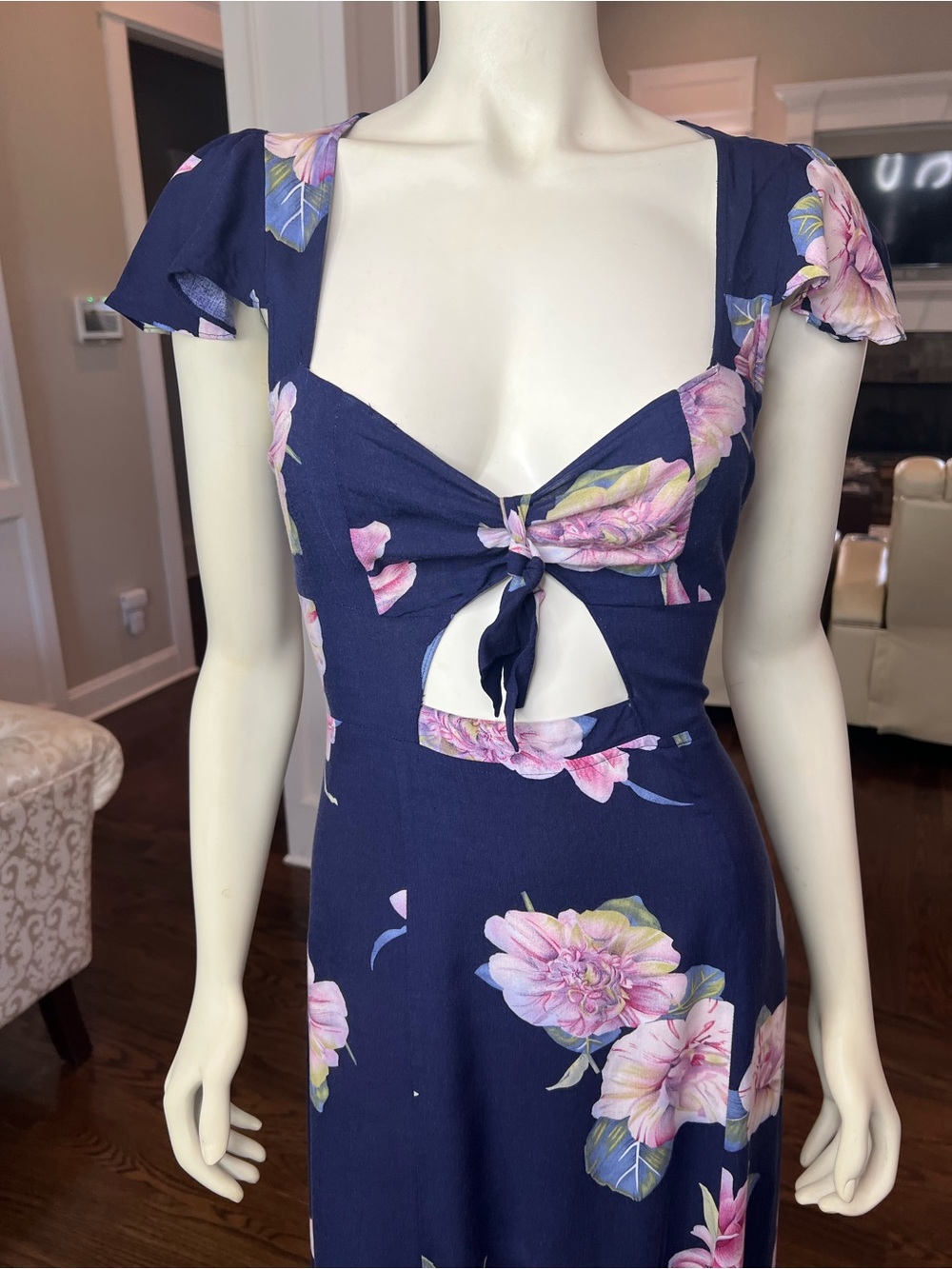 Reformation Navy Floral Tie-Front Maxi Dress with Pink Blooms - Picture 2 of 15